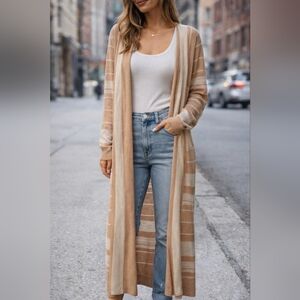 One grey day long open front duster in tan and gray stripes. Size Large